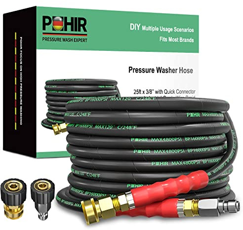 POHIR 3/8 Zoll Hochdruckreiniger-Schlauch, 6.5 m mit Adapter-Set, 4800 PSI heißes und kaltes Wasser max. 120 °C, robuster handelsüblicher Schlauch, 2 Stück M22 14 mm bis 3/8 Schnellverbindungszubehör