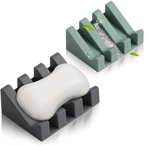 Silicone Soap Dish with Drain Shower Bathroom Soap Sponge Holder Self Draining Waterfall Drying Tray Kitchen Sink Caddy, Easy Cleaning Soap Saver Mat (Grey & Light Green)