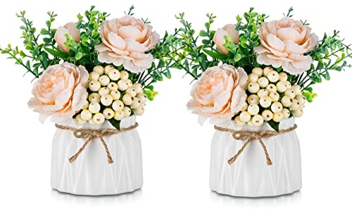 BLOSMON Kunstblumen im Topf Tischdeko, 2 Stück, Mini, Champagner Rosen | Künstlich Blumen mit Vase, Fake Blume Pflanzen für Wohnzimmer Deko, Zuhause Dekoration, Schlafzimmer, Hochzeit Party Decor