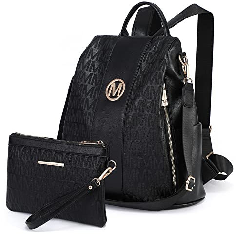 MKP COLLECTION Modischer Rucksack für Damen, Geldbörse, mehrere Taschen, diebstahlsicher Rucksack, Umhängetasche für Reisen, Handtaschen-Set, 2-teilig, Schwarz-1, Medium