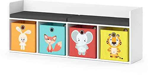 Vicco Kindersitzbank Weiß Luigi mit 4 Faltboxen Opt.1-31x53x142 cm gefertigt aus Spanplatte - Spielzeugschrank ideal fürs Kinderzimmer, für eine einfache und Funktionelle Aufbewahrung