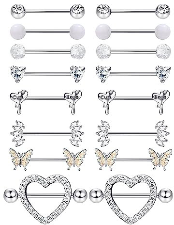 Adramata 8 Paar 14G Nippelpiercing Chirurgenstahl Brustwarzenpiercing Set CZ Schmetterling Nippel Piercing Set Kugel Herz Zungenstangen Nippelpiercing Körper Piercing Schmuck Damen