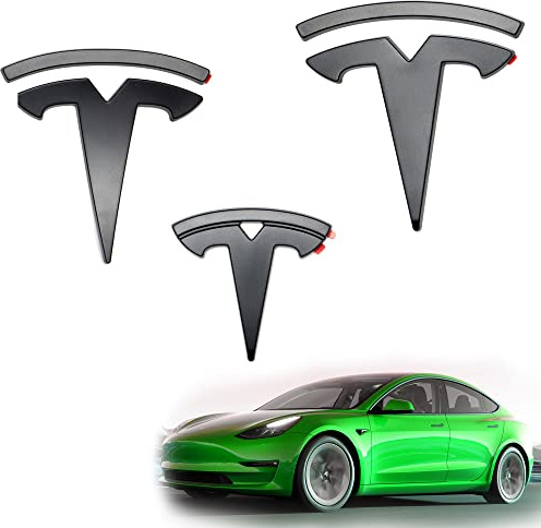 Shop4EV Matt-Schwarzes Logo-Emblem-Set für Tesla Model 3 (vor 10/23) - 3-teiliges Komplettset für Front, Heckklappe & Lenkrad