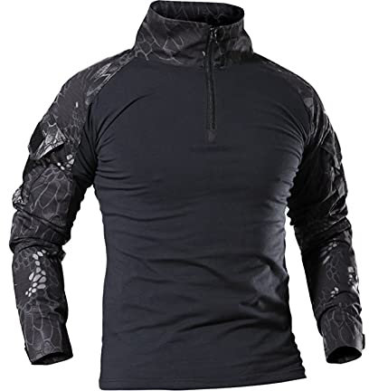 AMhomely Mens Tactical Shirt Long Sleeve Turtleneck Camouflage Tops Plus Size Combat Shirt Multicam Military T Shirts Zipper Camo Pullover Tops Outdoor Uniform Airsoft Hunting Woodland Grey XL