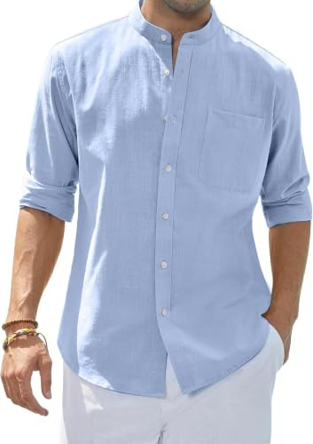 siliteelon Blue Linen Shirts Grandad Collar Men's Shirt Regular Fit Casual Summer Beach Shirt with Pocket,Medium