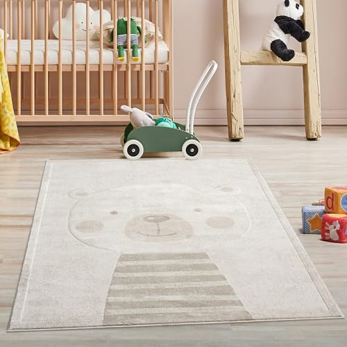 carpet city Kinderteppich Creme, Beige - 120x160 cm - Tier-Motiv Teddy-Bär - Kurzflor Teppiche Kinderzimmer, Spielzimmer