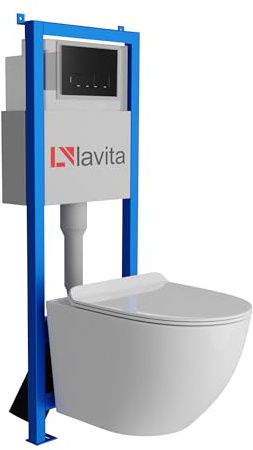 Lavita LAV 101 Vorwandelement für WC 40cm + Wand Hänge Tiefspül WC SOFI SLIM Weiß Spülrandlos + Bedienplatte LAV 200.3.4 Schwarz | Komplettset | Unterputz Spülkasten | Toilette Komplett Sett