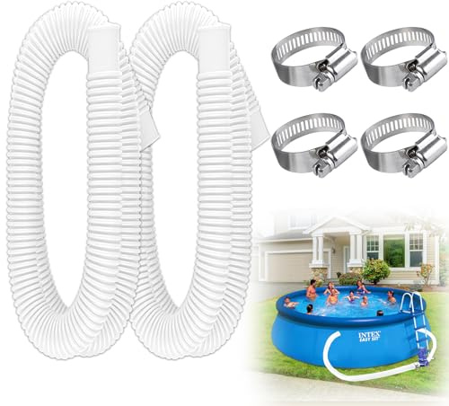 2PCS Swimming Pool Hose Replacement Hose for Above Ground Pools Accessory, Pool Pump Replacement Hose with 4 Metal Connecting Rings (White)