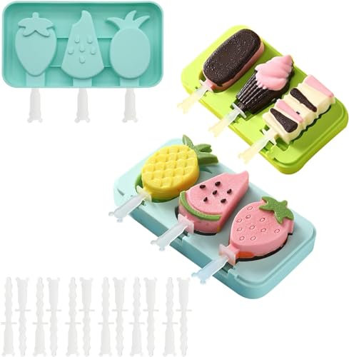 2 Stück Eisformen Silikon Kinder DIY Kreative Eisform Eisformen Eis am Stiel Bpa Frei Wiederverwendbare Eis am Stiel Formen mit Deckel Hausgemachte Eis am Stiel Früchte Tiere Form
