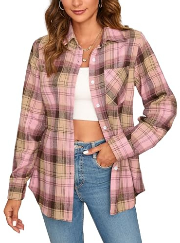 Stamain Camisa a Cuadros Mujer Elegante Camisa Franela Manga Larga Camisas de Cuadros Invierno Blusas Botones para Oficina Rosa/Marrón 3XL