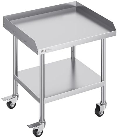 VEVOR Tavolo da Lavoro in Acciaio Inossidabile 610 x 711 x 751,6 mm Tavolo da Lavoro Commerciale per Preparazione degli Alimenti 4 Ruote, Alzatina su 3 Lati, Tavolo da Lavoro in Metallo per Ristorante