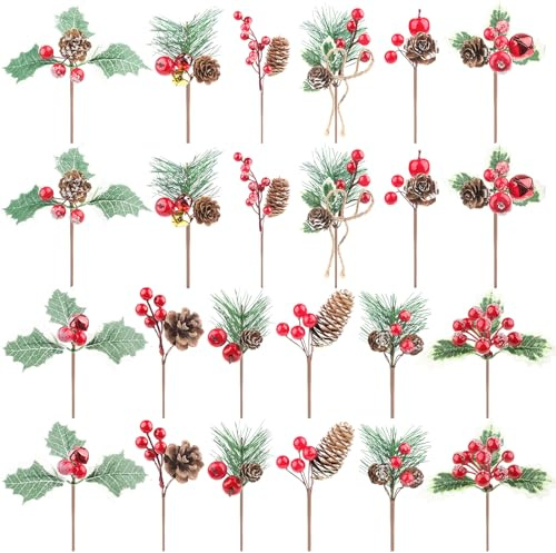 Larber 24 Stück Künstliche Tannenzweige mit Roten Beeren und Tannenzapfen Weihnachtsblüten Picks für Weihnachten DIY Bastelgeschenk Verpackung Blumenarrangements Kränze Urlaubsdekoration