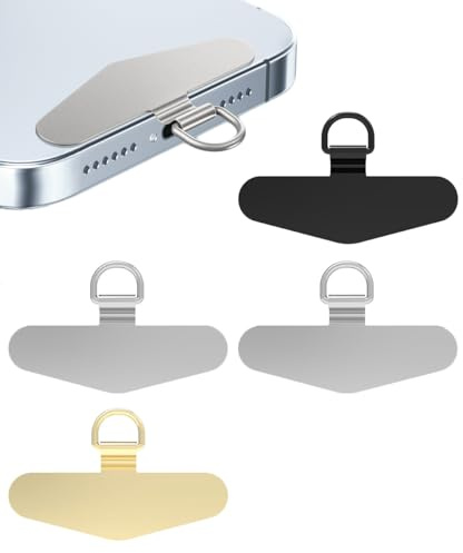 Bmeigo 4PCS Phone Tether Tags Metal Cell Phone Tether Tabs Without Adhesive | Lanyard Patch Reusable Stainless Steel Pads for Universal Mobile Phone Smartphone Drop Protection(Black/Silver/Gold)