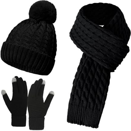Darringls Schal & Handschuh-Sets Für Damen, Beanie Mütze Damen Winter Mit Bommel Fleece Gefütterte, Handschuhe Schal Wärmer Mütze Winter Warm Damen 3 In 1 Set