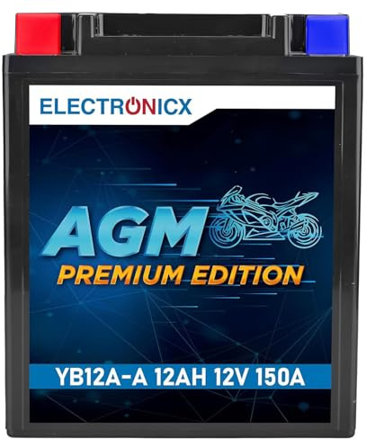 Electronicx AGM Premium Motorcykelbatteri YB12A-A 12V 12Ah 150A Startbatteri – förseglat, läckagesäkert och kompakt – Perfekt för skoter, moped, fyrhjuling, motorcykel – Offroad powersportbatteri