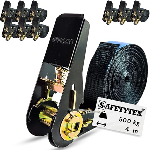 Safetytex Spanngurt Ratsche 500 daN schwarz 25 mm 4-6 m (10 Stück 4m) | Ratschengurt, Zurrgurt, 500 kg Belastbarkeit, einteilig, Länge wählbar, sichere Ladungssicherung, robust