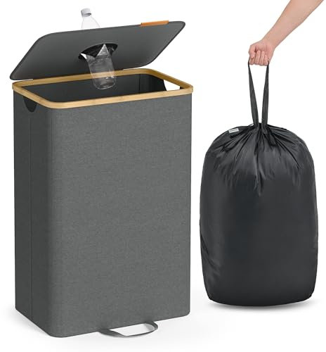 SONGMICS Pfandflaschen-Sammelbehälter, 95 L Pfandflaschen-Behälter, Flaschensammler Leergut, Recycling-Behälter, mit Loch, Deckel, Innensack mit Griffen, Küche, schiefergrau-naturbeige RRB509G01