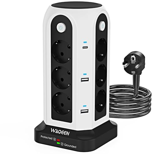 WAQEEN Steckdosenturm mit USB C & A, Überspannungsschutz, Mehrfachsteckdose | 12 AC Steckdosen, 2 USB-C & 4 USB-A, 4 Schalter, 2 m Kabel, feuerfestes Material, ideal für Büro, Küche & Zuhause
