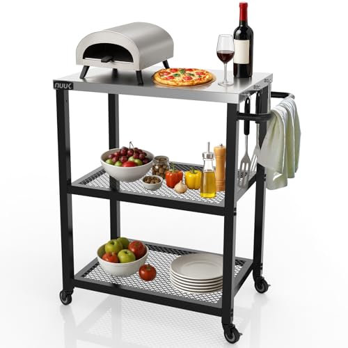 NUUK Rolling Outdoor Grill Cart with Wheel 16 x 24, Stainless Steel Table Top Pizza Oven Stand, BBQ Size Prep Table Outside Kitchen Cabinet for Garden Backyard Barbecue