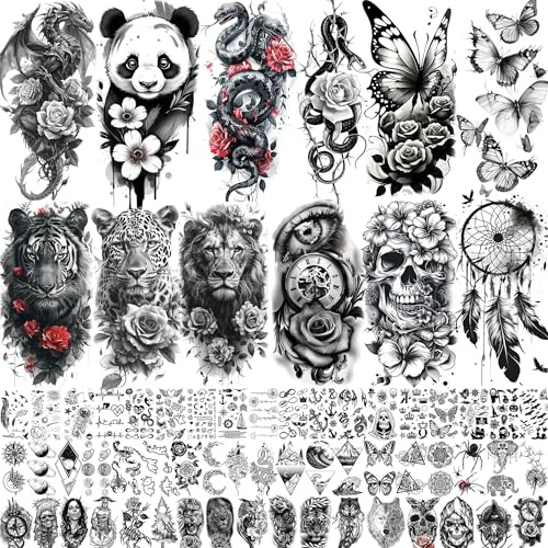 66 Blatt Temporäre Tattoos Damen Mädchen Klebetattoos Erwachsene, Schlange Rose Blume Tattoos Zum Aufkleben Frauen, Drachen Tattoo Aufkleber Traumfänger Schädel Klebe Tattoo Schmetterling Panda Tiger