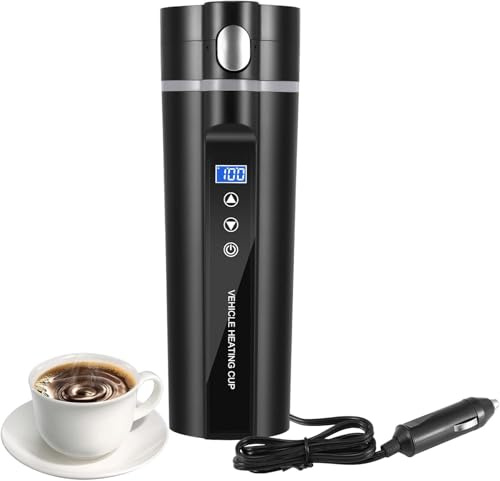 24V/12V Travel Electric Kettle for Car/Truck, 450ml Car Kettle Electric Vehicle Heated Water Cup with LCD Display, Temperature Control Portable Coffee Tea Cup-Black