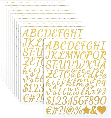 Oruola 1152 Stück Golden Sticker Buchstaben, Buchstaben Aufkleber Gold, 12 Blätter Klebebuchstaben Gold für Klassenzimmer Deko, Abschlussmütze Hochzeit Geburtstag Briefkasten Adresszeichen
