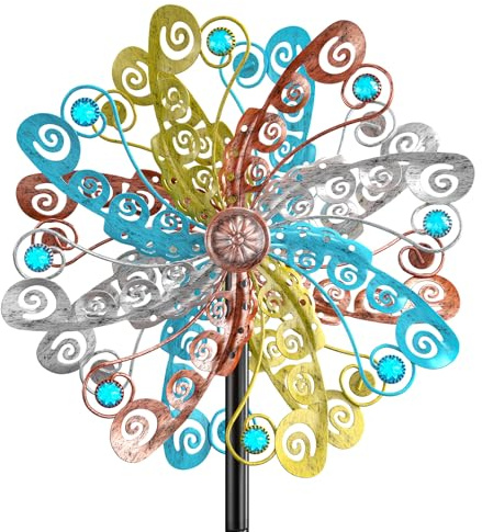 Gartenwindrad Metall Windrad Deko, Windspinner Windspiel Bunt für Garten, Windmühle Skulpturen Windspiel Geschenk für Gartenliebhaber Außenterrassen Patio Rasen (Farbenfroh-2 Blätter)