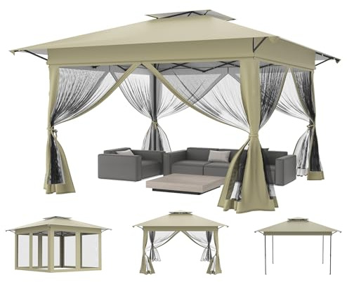 Aufun Trädgårdspaviljong Pop Up paviljong 4 x 4 m, vattentät UV-skydd stabil vikbar paviljong 3 nivåer justerbar höjd trädgårdstält med 4 myggnät, sidodelar och dubbeltak, partytält inkl. bärväska