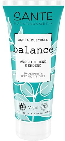 SANTE Naturkosmetik Balance Aroma Duschgel Eukalyptus & Bergamotte - 200 ml - ausgleichendes Shower Gel mit natürlichen Düften - vegan & dermatologisch getestet - erdende Pflegedusche