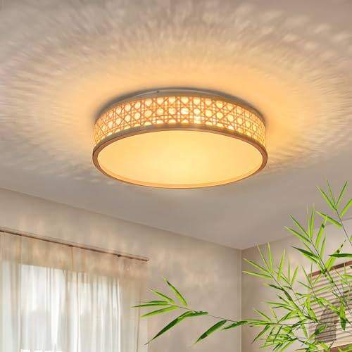 LUOLONG LED Deckenleuchte aus Bambus 40cm Runde Deckenlampe 35W Holz Deckenleuchten dimmbar 3000-6000K Handgefertigte Vintage Rattan Holzlampe für Wohnzimmer, Schlafzimmerlampe, Esszimmer, Flur
