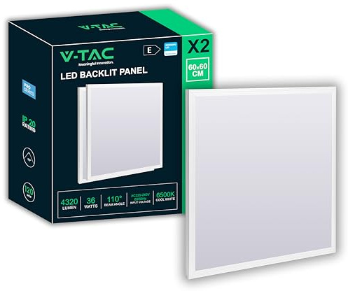 V-TAC 2x Pannelli LED da Incasso 36W con Chip Samsung - 60 x 60 cm - Lampada Quadrata - 4320 Lumen - IP20 - per Soffitto, Ufficio, Casa, Negozio - Plafoniera - Luce 6500K Bianca Fredda