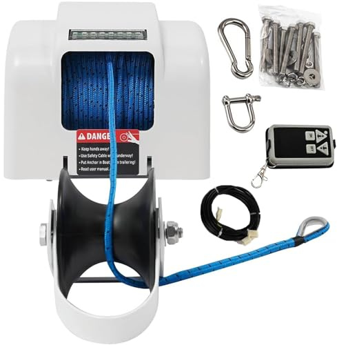 Treuil d'ancrage de bateau électrique, kit de guindeau télécommandé en eau salée, force de traction de 317,5 kg pour bateaux de pêche et ponton, capacité de 20,4 kg
