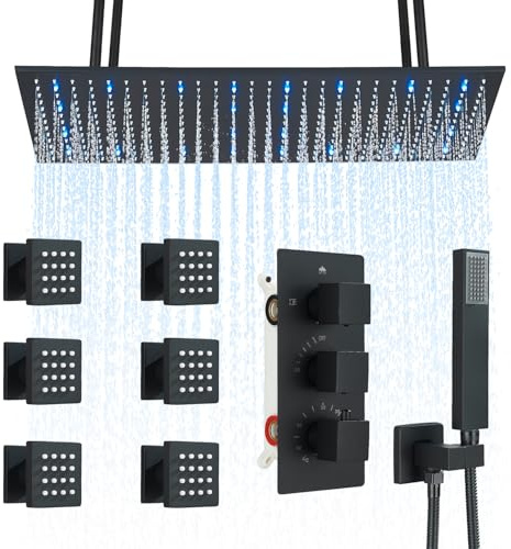 Votamuta 16x32 Shower Head System Ceiling Mount Shower Faucet Set Luxury Shower Faucets with Adjustable Body Shower Jets and Handheld Spray LED Large Rainfall Showerhead, Matte Black