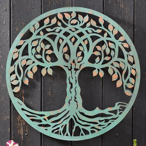 Tree of Life Garden Wall Art 50cm – Decorative Verdigris Iron Indoor Outdoor Plaque Sculpture Ornament with Integral Hanging Hook for Balcony, Fence, Patio, Decking, Garage, Shed, Yard (50cm)