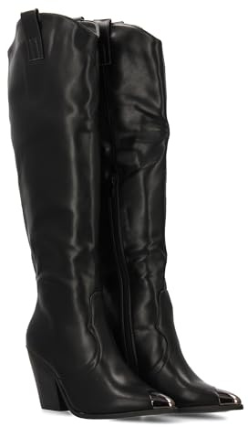 96289 Botas Altas con Tacon para Mujer. Diseno Elegante, Estampado Liso, Punta Metalica, Tacon Comodo y Cierre de Cremallera. Ideal para la Temporada Otono Invierno. Negro Talla 41