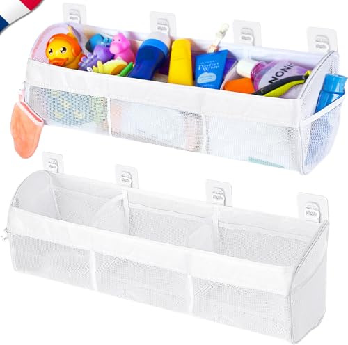 Rangement Jouet Bain Baignoire Salle de bain Blanc ✮MARQUE FRANCAISE✮ Filet Jouet Bain Bebe ✯GARANTIE À VIE✯ 3 Compartiments Sac Panier Bac Rangement Baignoire Toys Baby Ranger Gel Douche Shampoing