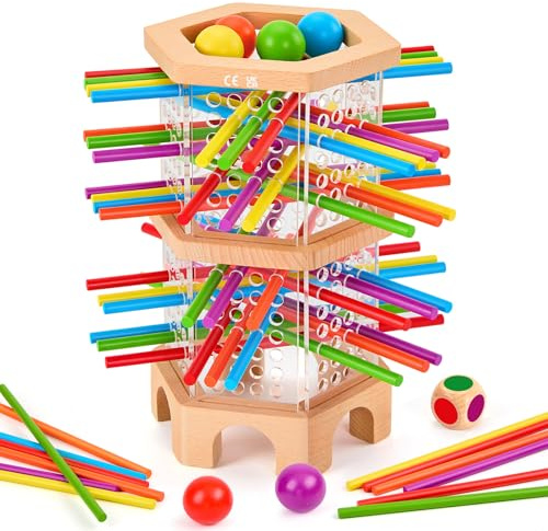 Montessori Spiel Brettspiel aus Holz, Spiele ab 4 Jahren, Holzspielzeug Kinderspiele Lernspiele ab 3 4 5 6 Jahren, 42 Bunte Holzstäbchen Lernspiele Reisespiel Würfelspiele Jungen Mädchen Geschenk