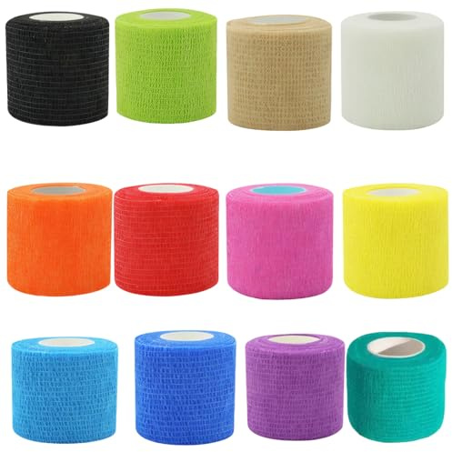 argtnayk 12er Set Selbstklebender Verband – 7,5cm X 4,5m Elastische Nicht-Woven Binde 12 Farben,Hautfreundliches Verbandsmaterial FüR Finger-Schutz,Fixierung,Sportverletzungen & Familienalltag