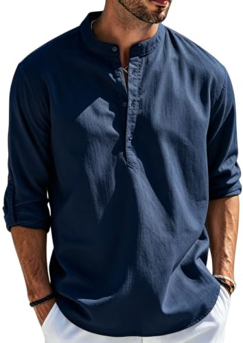 Cegerne Camicia Lino Uomo Maniche Lunghe Estiva Leggera Traspirante Henley Casual Maglietta Casacca Vacanze Spiaggia
