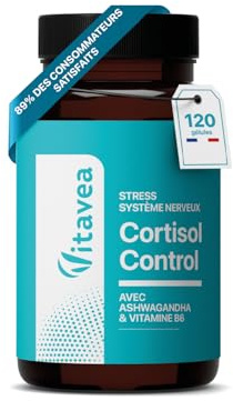 Cortisol Control - Ashwagandha, Rhodiola, Bacopa, L-théanine et Magnésium | Complexe Anti-Stress & Fatigue - 120 Gélules Vegan- Cure 2 Mois - Fabriqué en France - Vitavea