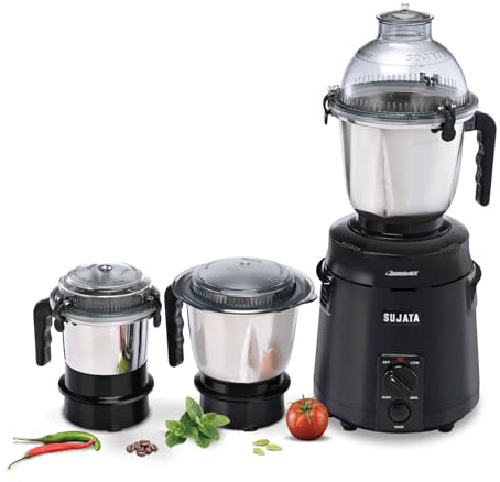 Sujata Dynamix 900-Watt Mixer Grinder | Heavy-Duty Motor | 3 Stainless Steel Jars | 22000 RPM | Non-Stop 90 Mins Running | High-Speed Grinding for Spices, Batter & Chutneys (Black)