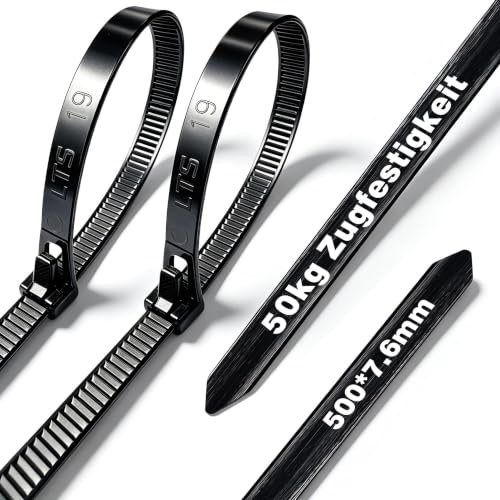 Återanvändbara buntband svart 300–600 mm x 7,6 mm utbredd (20 stycken), UV-beständiga buntband av nylon, justerbart för hushåll, trädgård, elinstallation, kabelhantering (BRT500)