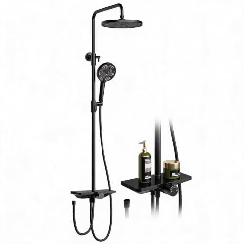 Colonne De Douche Inox Pommeau 25cm 3 Jets Tablette Noir Chrome |