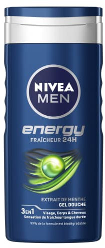 NIVEA MEN Gel Douche Energy (1 x 250 ml) - Soin lavant enrichi en extrait de menthe vivifiante - Gel douche homme 3 EN 1 — Soin nettoyant Corps Visage & Cheveux Vivifiant Effet Fraîcheur 24H