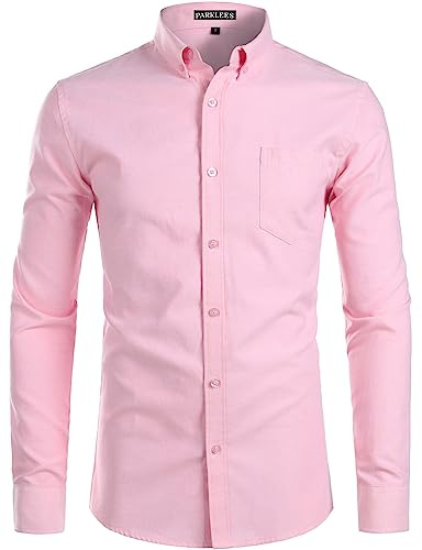 PARKLEES Chemise pour homme Slim Fit manches longues Oxford Button Down Chemise d'affaires décontractée, Rose, M