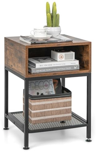 Giantex 2-Tier Side Table, Industrial End Table with Open and Mesh Storage Shelf, Stable Metal Frame, Telephone Table for Small Space, Bedside Table Night Stand for Living Room Bedroom, Rustic Brown