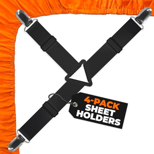 5 Stars United Bettlaken Spanner - 4er Set, Schwarz, Verstellbare Elastische Spanngurte mit Starken Metallklammern, Universelle Bettlakenhalter, Ideal für Alle Matratzentypen und Bettgrößen