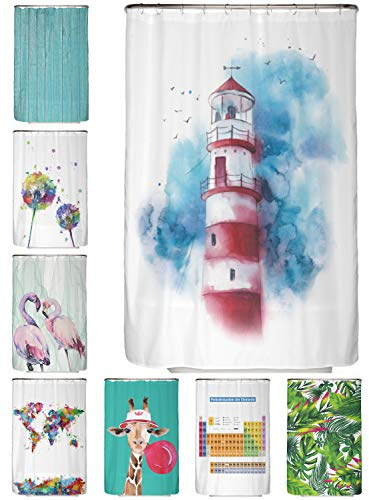 arteneur Anti-Schimmel Duschvorhang 120x200 cm Leuchtturm | Textil recycelt, OEKO-TEX 100, 40°C Maschinenwäsche, blickdicht, wasserdicht, beschwerter Saum, mit 8 recycelten Ringen