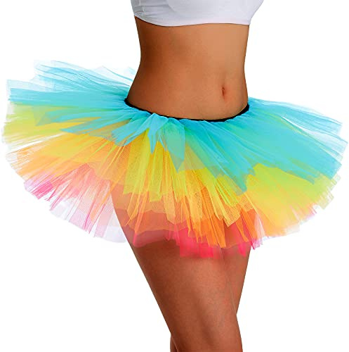 Phantomon Tutu-Rock für Damen, Teenager, klassisch, elastisch, 5 Schichten, Tüll, Ballettrock, 1950er Vintage-Stil, kurzer Rock, Erwachsene Größe, Regenbogen, Einheitsgröße