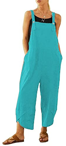 BRONG Kvinnors overaller ledig klädsel hängselbyxor mjukt bomullslinne dam jumpsuit säckig lekdräkt justerbara remmar med fickor, Blå (Lake blå), 3XL